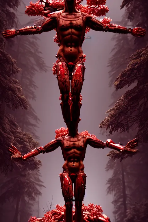 Image similar to high detailed forest a statue jesus on cross made of red marble, perfect symmetrical body, full body shot, inflateble shapes, white biomechanical details, wearing epic bionic cyborg implants, masterpiece, intricate, biopunk, vogue, highly detailed, artstation, concept art, cyberpunk, octane render