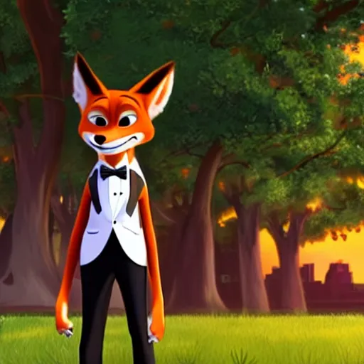 Image similar to nick wilde in a white tuxedo, standing in a city park at sunset, modern anime style, official anime still, studio trigger