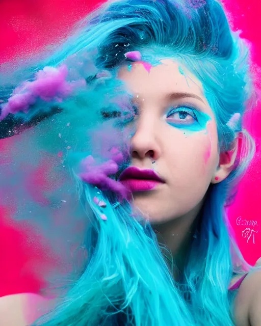 Image similar to a dramatic lighting photo of a beautiful young woman with cotton candy hair. paint splashes. with a little bit of cyan and pink