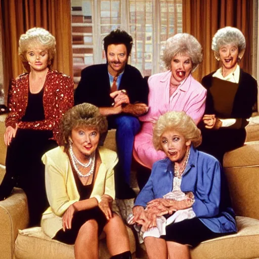 Prompt: the golden girls tv show with all characters being played by Hugh Jackman.