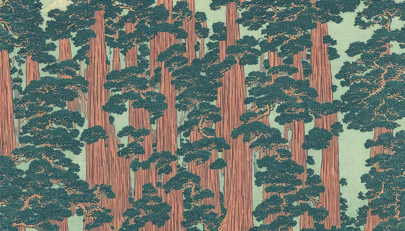 Image similar to giant redwood trees by hokusai