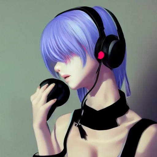 Image similar to realistic teasing detailed semirealism beautiful gorgeous cute Blackpink Lalisa Manoban white hair white cat ears blue eyes, wearing black camisole outfit, headphones, black leather choker full HD 4K high resolution quality WLOP, Aztodio, Taejune Kim, Guweiz, Pixiv, Instagram, Artstation