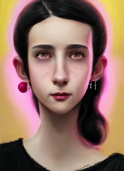 Image similar to portrait of teenage girl, realistic, black hair, bangs, half updo hairstyle, pointy nose, skinny, smile, ugly, defined jawline, big chin, pink hair bow, earrings, intricate, elegant, glowing lights, highly detailed, digital painting, artstation, sharp focus, illustration, art by wlop, mars ravelo and greg rutkowski