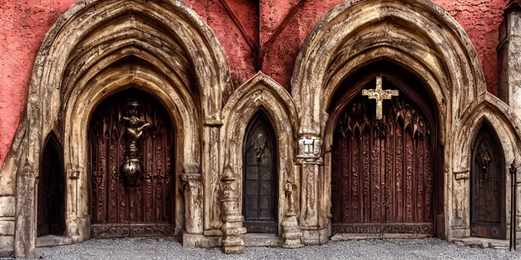 Image similar to magical entrance to monastery, metal, ornaments, castle, church, horror