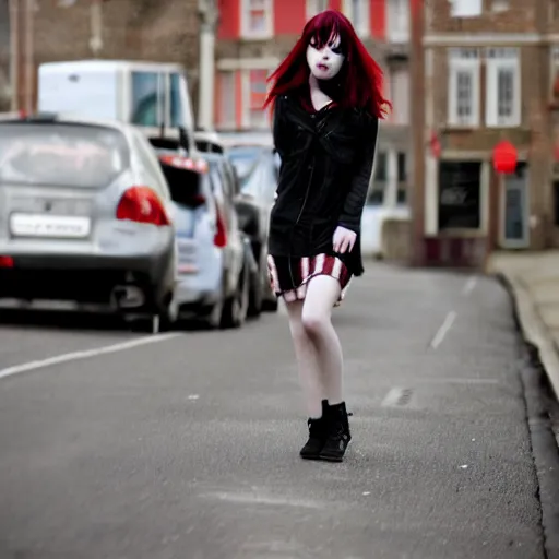 Prompt: a pale emo girl, messy black / red hair, british street background, flickr, 2 0 0 6