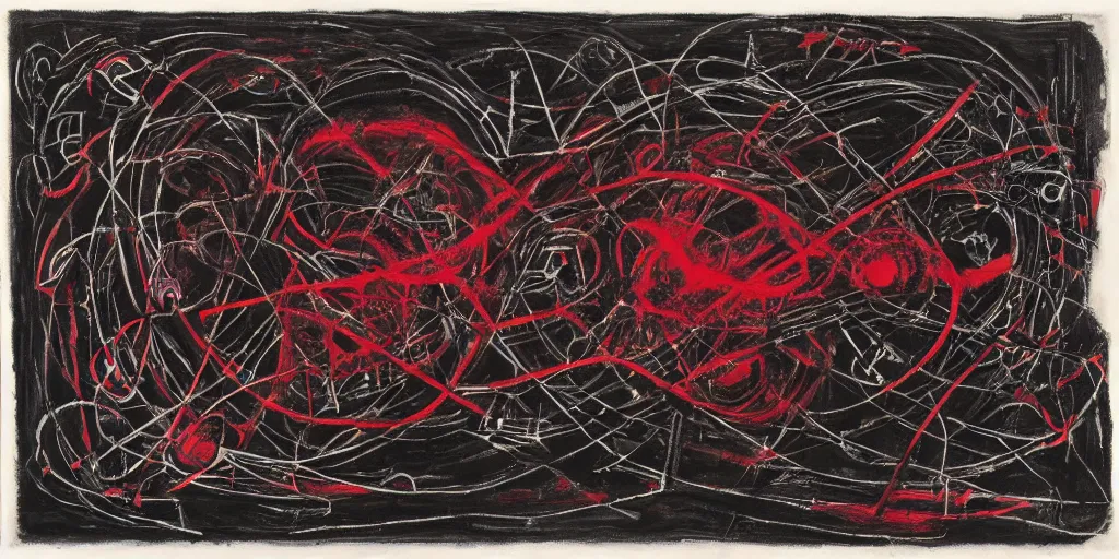 Image similar to a black and red crimson biomechanical talisman of eternal knowledge, aurora borealis, eclipse by maggi mcdonald, jackson pollock, mark rothko, sabina klein