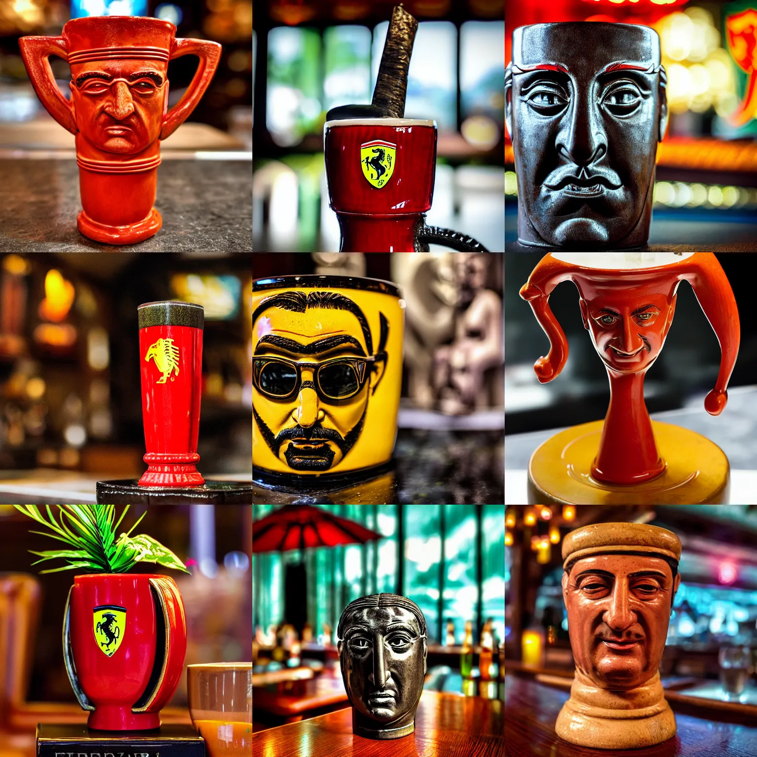 Image similar to a closeup photorealistic photograph of a ferarri themed tiki mug placed at a trader vic's bar featuring the face of young enzo ferrari. tiki theme. bright scene. fine detail. this 4 k hd image is trending on artstation, featured on behance, well - rendered, extra crisp, features intricate detail, epic composition and the style of unreal engine.