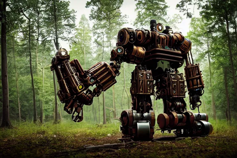 Image similar to steampunk colossal mech robot travels across a swedish forest very low angle photograph trending on artstation