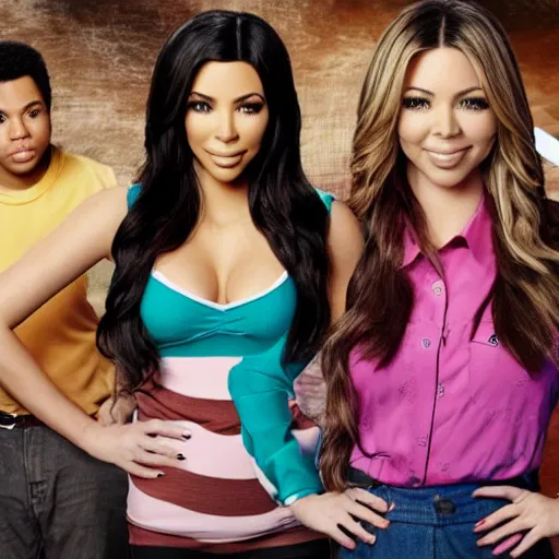 Image similar to Icarly with kim kardashian as Carly, 8k full HD photo, cinematic lighting, anatomically correct, oscar award winning, action filled, correct eye placement,