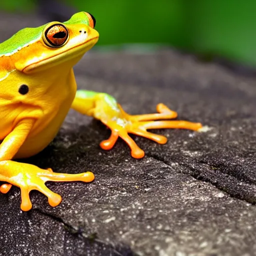 Prompt: photo orange and [ yellow ] frog