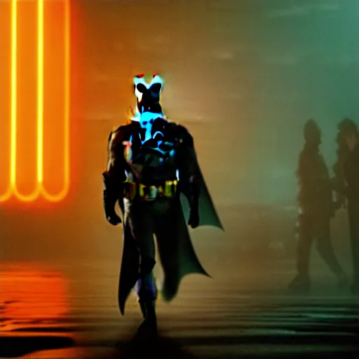 Image similar to film still of batman in blade runner 2 0 4 9, cinematic, moody, gritty neon noir by emmanuel lubezki