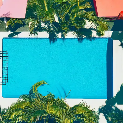 Prompt: aerial view of an elegant swimming pool, palm trees, kodak portra 4 0 0, vaporwave colors, faded effect, 9 0 s vibe, tropical vibe,