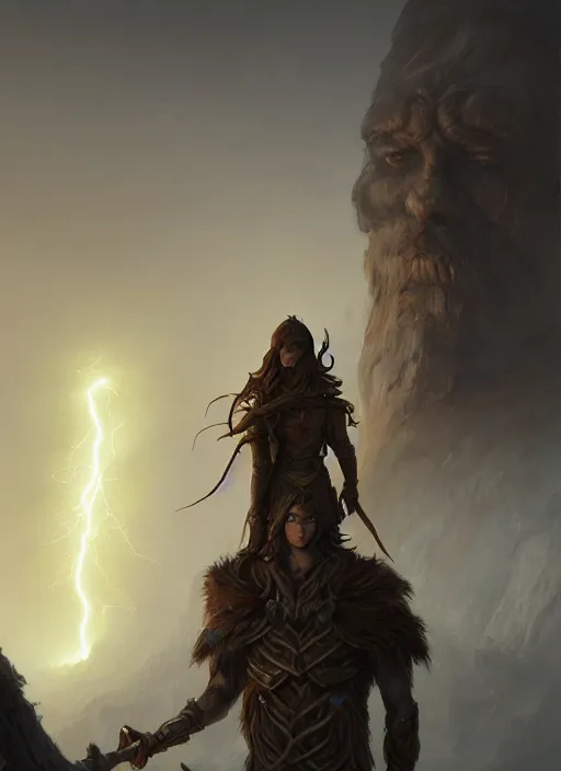 Prompt: Handsome brown haired elven warrior standing beside a large golem made of wood. Haughty look. In style of Hyung-tae Kim, Greg Rutkowski and Larry Elmore, concept art, trending on ArtStation, Korean MMORPG, over-detailed art, 8K, epic, dynamic lightning, scenery.