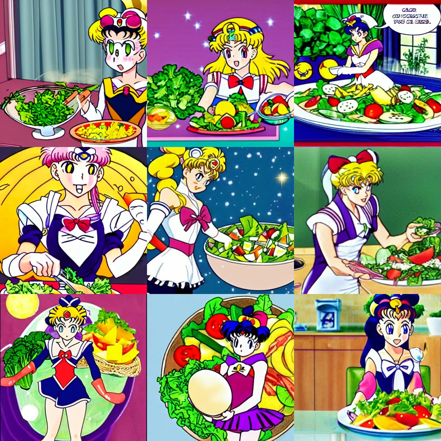 Prompt: Sailor Moon making a salad.