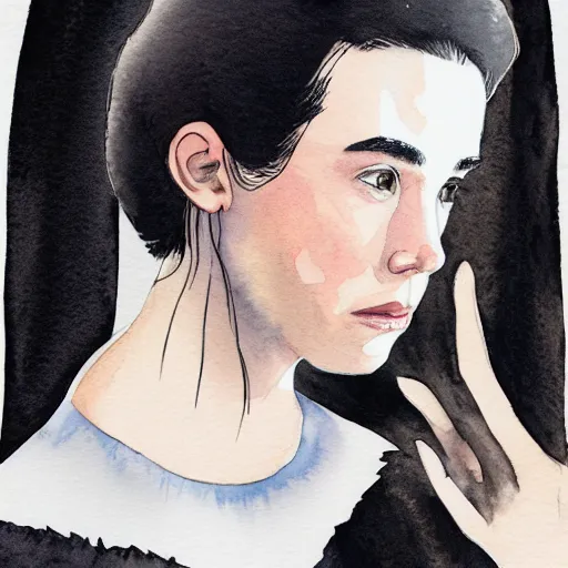 Image similar to full body detailed watercolor illustration of alien jennifer connelly mixed with anya taylor - joy, reading a book, unsettling, hooded long black feathered cloak, uncanny valley, with black feathers instead of hair, gothic, guillermo del toro, gray mottled skin, pale and sickly, profile view, - - ar 9 : 1 6