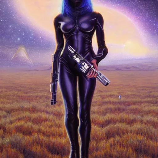Image similar to pleiadian woman with big eyes and long silver hair wearing a dark body suit and holding a plasma gun as a sci fi character, portrait art by donato giancola and greg rutkowski, digital art, trending on artstation, standing in a barren field