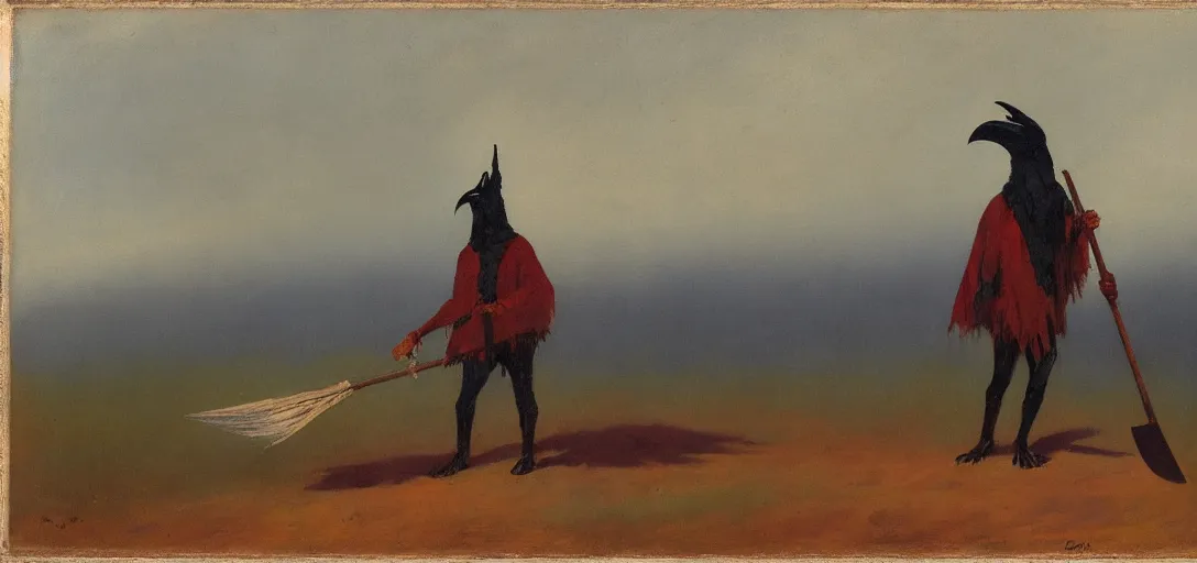 Image similar to moody tonalist painting ( 1 9 2 3 ) of wolf - faced crow monster wearing poncho and shako, carrying a shovel, contre - jour, prussian blue and red iron oxide, grunge, 2 2 0 film