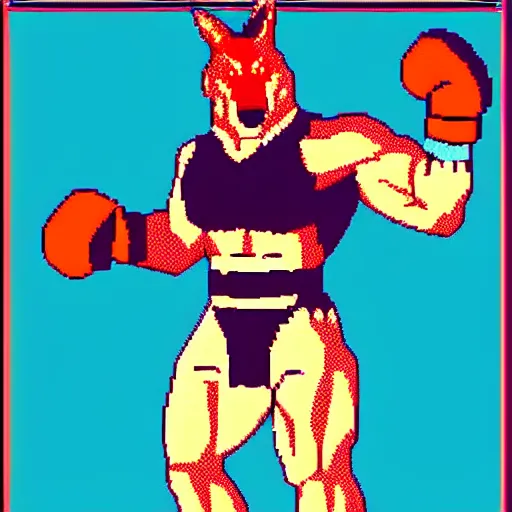 Image similar to full body shot antropomorphic muscular masculine wolf. kickboxer. wolf head. furr. 8 bit nes graphics. vaporwave futuristic 8 0's