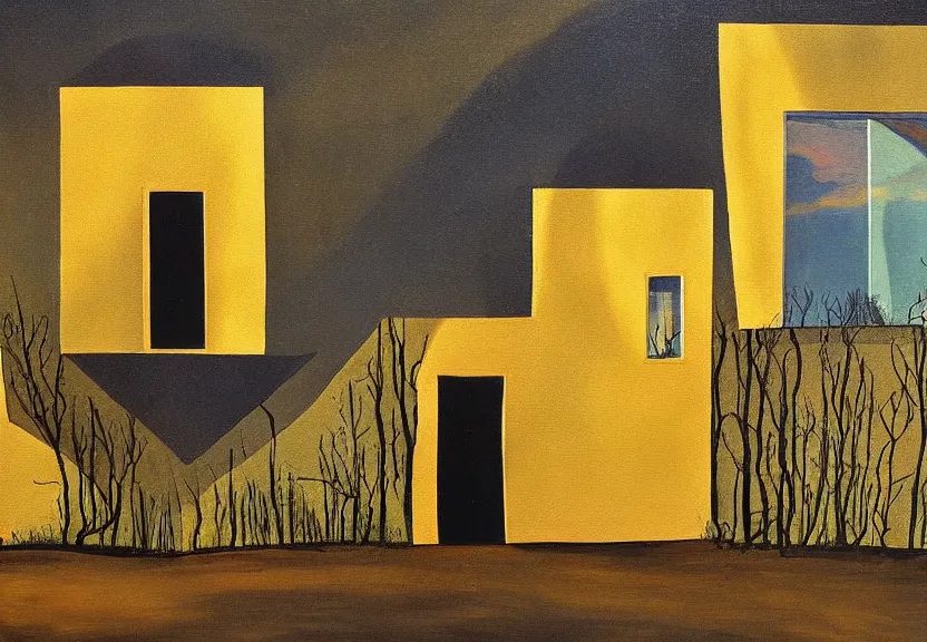 Prompt: a painting of a house in the style of dali backlit nighttime windows filled with water