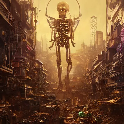 Prompt: An extremely detailed matte painting of a golden cyberpunk skeleton with highly detailed and intricate electric eyes, by android jones and greg rutkowski, Trending on artstation, hyperrealism, elegant, stylized, highly detailed digital art, 8k resolution, hd, global illumination, radiant light, detailed and intricate cyberpunk ghetto environment, rendered in octane, oil on canvas