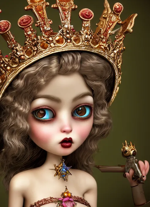Image similar to highly detailed closeup, profile portrait of a tin toy goth fairytale princess wearing a crown, bikini, unreal engine, nicoletta ceccoli, mark ryden, earl norem, lostfish, global illumination, detailed and intricate environment