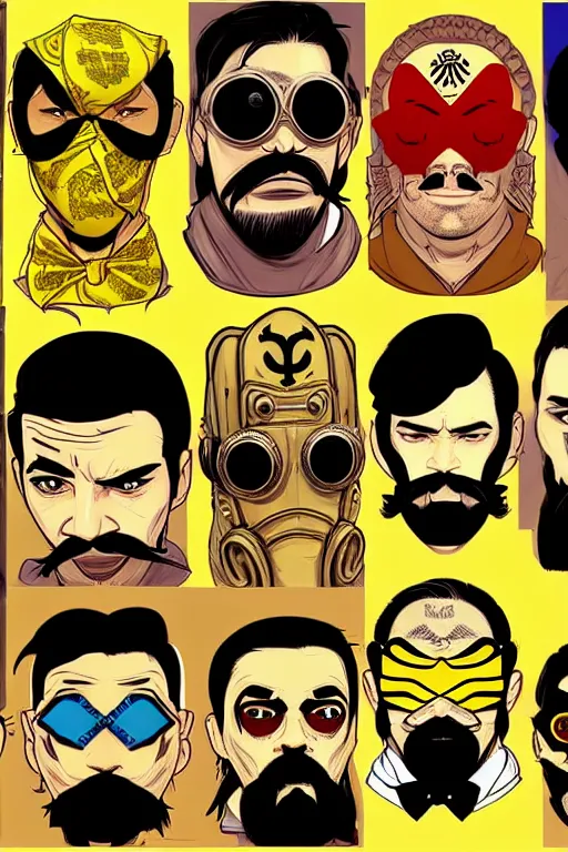 Prompt: gang saints wear yellow bandanas, and some of them have thick mustaches, concept art, pop art style, dynamic comparison, proportional, bioshock art style, gta chinatowon art style, hyper realistic, face and body features, without duplication noise, complicated, sharp focus, intricate, concept art, art by argerm dan richard hamilton