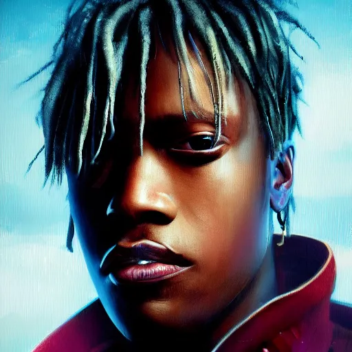 Image similar to cyberpunk, closeup portrait of a juice wrld, dramatic light, city background, sunset, dystopian setting, high contrast, sharp, neuromancer, henry dorsett case, painted by stanley lau, painted by greg rutkowski, painted by stanley artgerm, digital art, trending on artstation