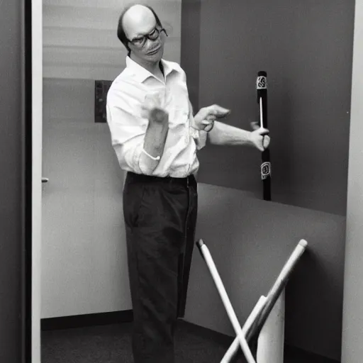 Image similar to bjarne stroustrup smashing a computer with a large mallet, photograph in an office taken in 1 9 9 5