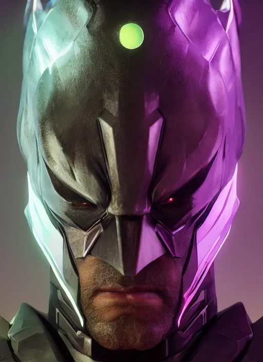 Image similar to glowwave portrait of dark batman from overwatch, au naturel, hyper detailed, digital art, trending in artstation, cinematic lighting, studio quality, smooth render, unreal engine 5 rendered, octane rendered, art style by klimt and nixeu and ian sprigger and wlop and krenz cushart.