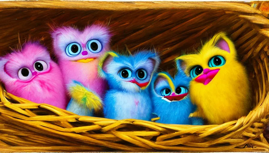 Image similar to highly detailed painting of 9 0 s furby toys cuddling up in a basket by william turner, thick brush strokes and visible paint layers, 4 k resolution