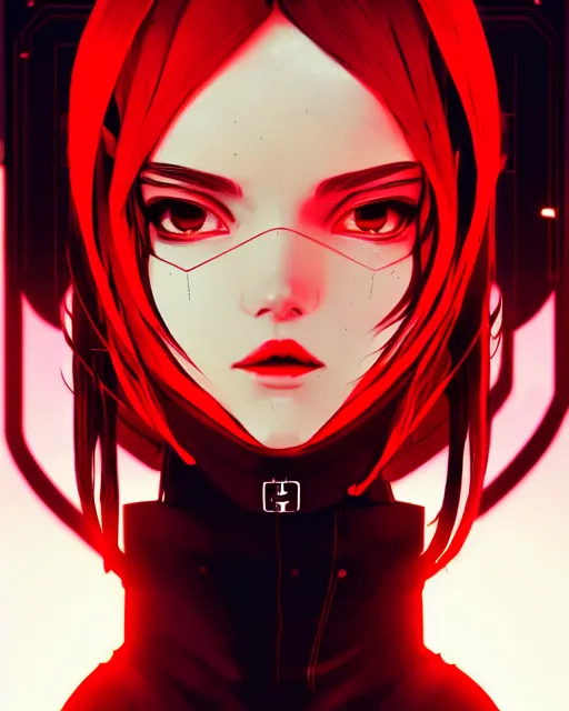 Prompt: a comic potrait of a cyberpunk cyborg girl with black and red parts, fine - face, realistic shaded perfect face, fine details. night setting. very anime style. realistic shaded lighting poster by ilya kuvshinov katsuhiro, unreal engine, global illumination, radiant light, detailed and intricate environment