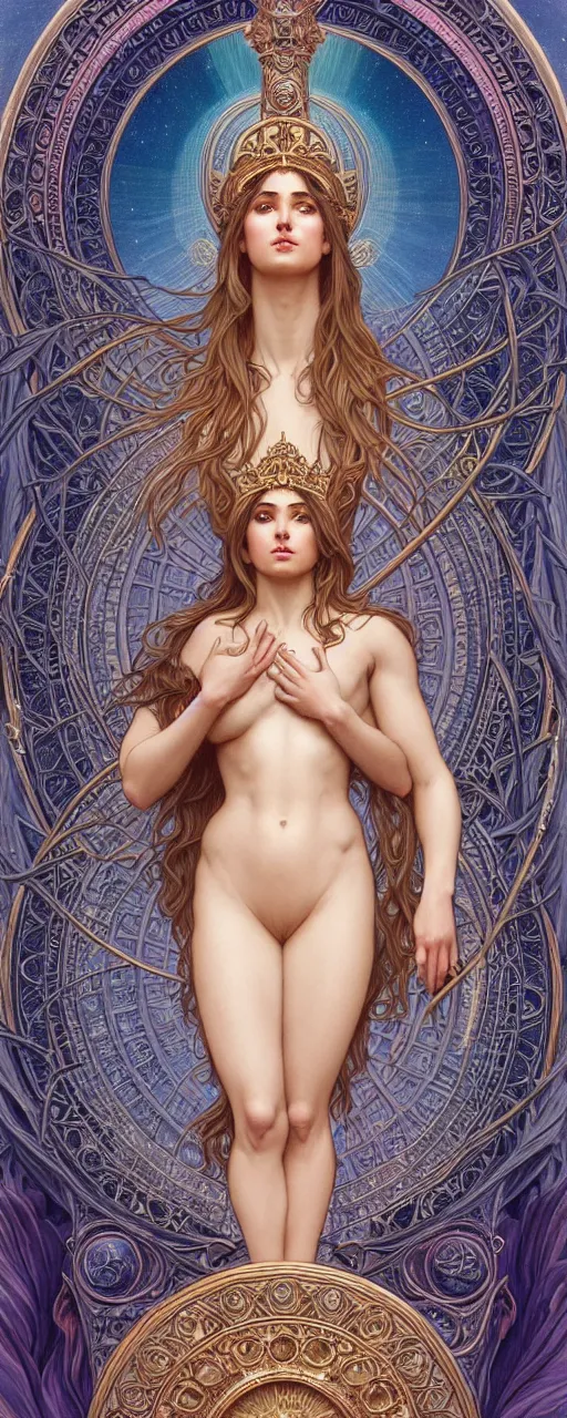 Image similar to perfectly detailed esoteric goddess of scales judgement tarot card!! blessed by nature with ever - increasing physical mental perfection, symmetrical! intricate, sensual features, highly detailed, biblical divine holy perfection!! digital painting, artstation, concept art, smooth, sharp focus, illustration, art by artgerm and greg rutkowski and alphonse mucha