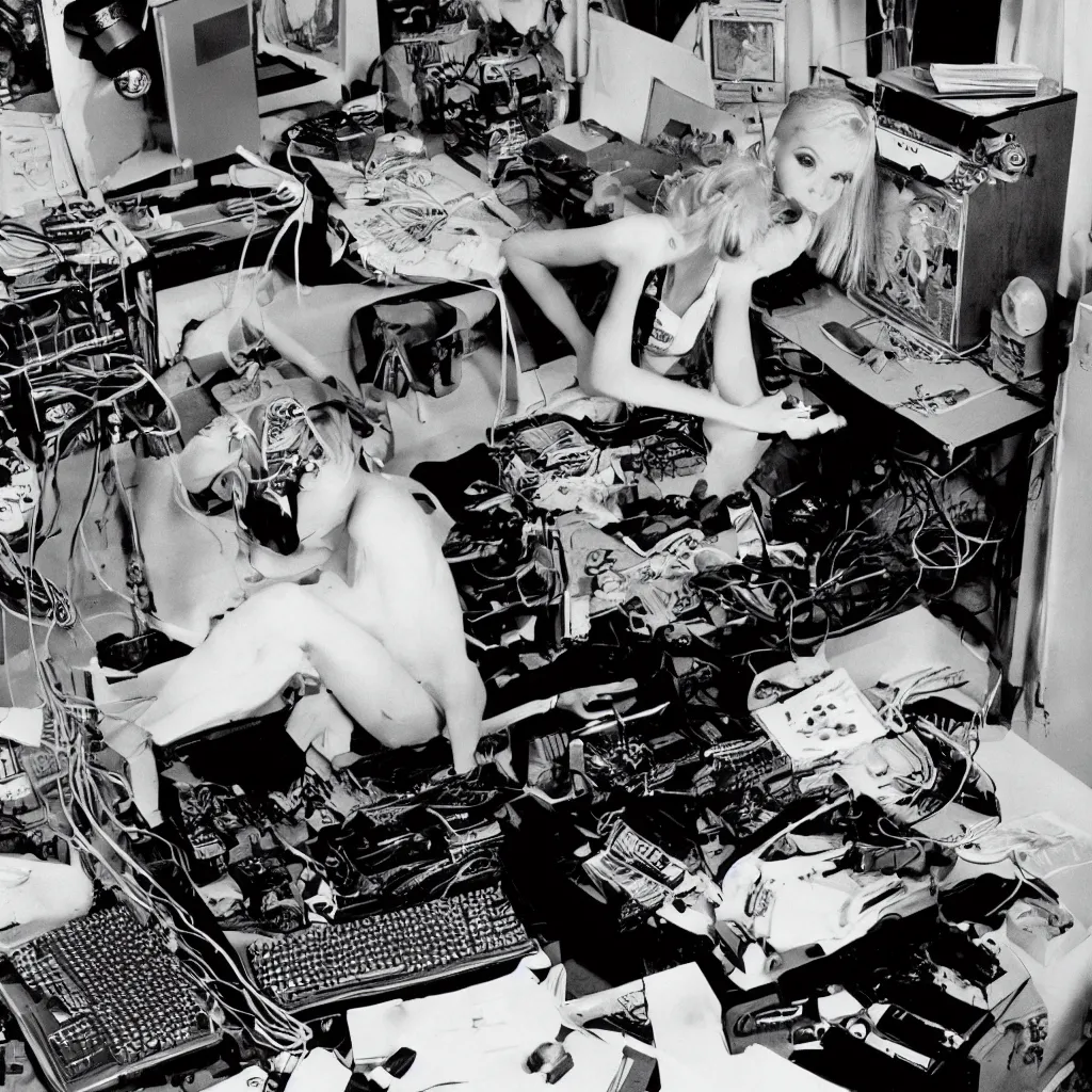 Prompt: a psychobilly blonde teenager from behind working on a amiga 2000 connected to a sony v-5000 camera, 1989, Annie Leibovitz
