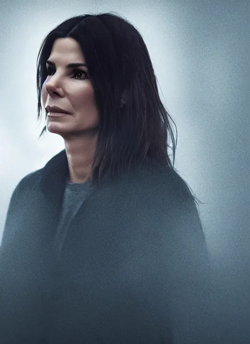 Image similar to sandra bullock in real life, face centered portrait of sandra bullock, confident, fog, rain, volumetric lighting, beautiful, golden hour, sharp focus, ultra detailed, cgsociety by leesha hannigan, ross tran, thierry doizon, kai carpenter, ignacio fernandez rios, noir art house, 4 k, 3 5 mm, fujifilm