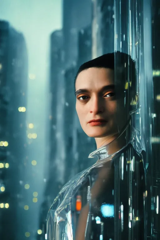 Prompt: Kodak Portra 400, 8K, highly detailed, wachowski 3/4 extreme closeup portrait, clear eyes, focus on 1990s fashion model in clear transparent raincoat, tilt shift zaha hadid style background: famous blade runner remake, hongkong scene