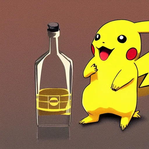 Image similar to pikachu holding a bottle of whiskey