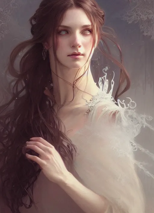 Prompt: portrait of person with face full of white mist, fantasy, medieval wear, intricate, elegant, highly detailed, digital painting, artstation, concept art, smooth, sharp focus, illustration, art by artgerm and greg rutkowski and alphonse mucha