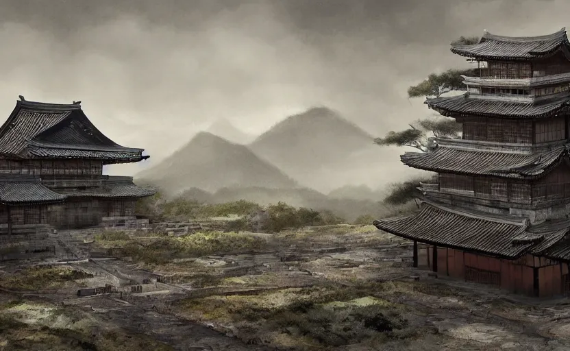 Image similar to detailed digital painting of old, ruined, japanese fort from sengoku period, overcast weather, environment concept art, photobash, overcast weather, unreal engine render, nanite