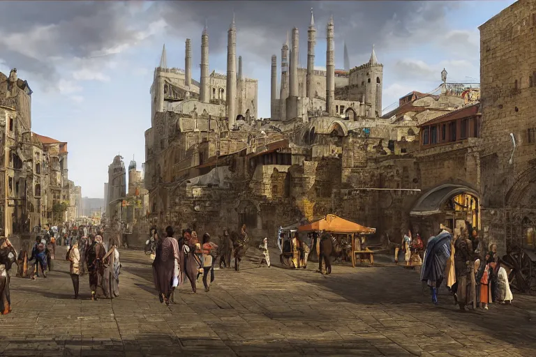 Prompt: people in the streets of the medieval capital city of ulud ; once a mighty constantinople, now a fetid wetland. matte painting city street scene by james gurney and bernardo bellotto and angus mcbride, 8 k fantasy setting concept art