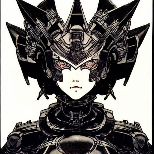 Image similar to prompt : black and white portrait soft light painted by takato yamamoto, tiara mecha attributes and armor, inspired by ghost in shell anime, smooth face feature, intricate oil painting, high detail, sharp high detail, manga and anime 1 9 8 0