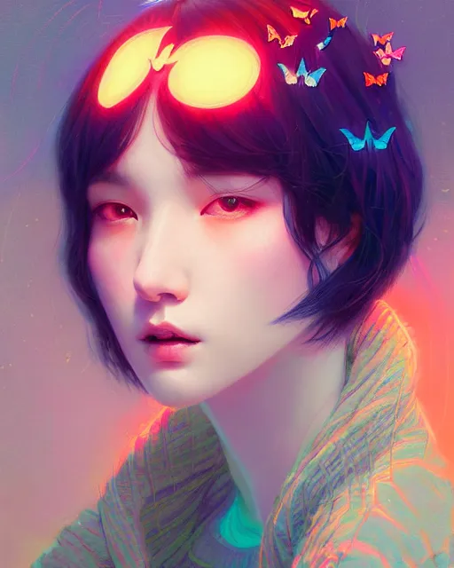 Prompt: harmony of butterfly, neon light language, ( black haired yoongi portrait ) by wlop, james jean, victo ngai, beautifully lit, muted colors, highly detailed, fantasy art by craig mullins, thomas kinkade