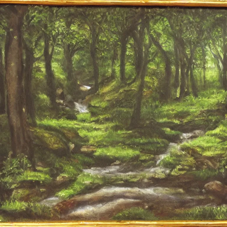 Prompt: light oil painting of a forest with a stream running down the middle with tiny female woodland sprites dancing, anatomically correct