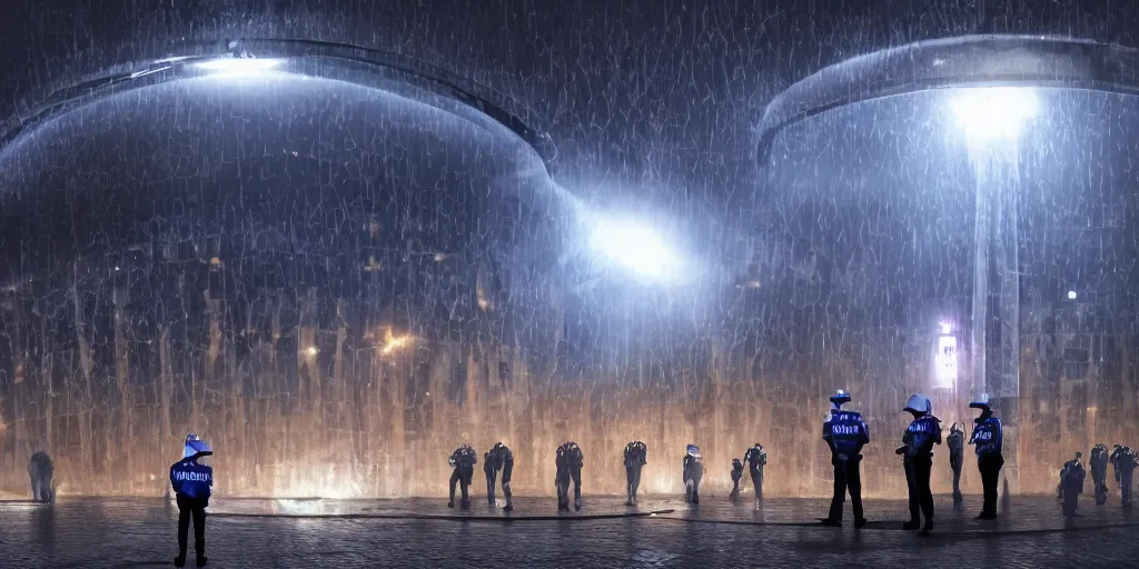 Image similar to policemen protect a huge spiral - shaped luminous object right in the center of the city from protesting people, night, rain and light fog, professional lighting, concept art in 3 d, high detail, professional lighting