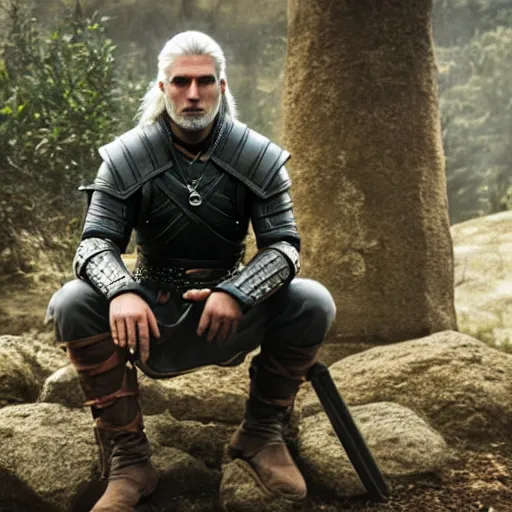 Prompt: film still of of geralt from the witcher, sitting on a rock deep in thought, his arm bent and chin resting on his wrist