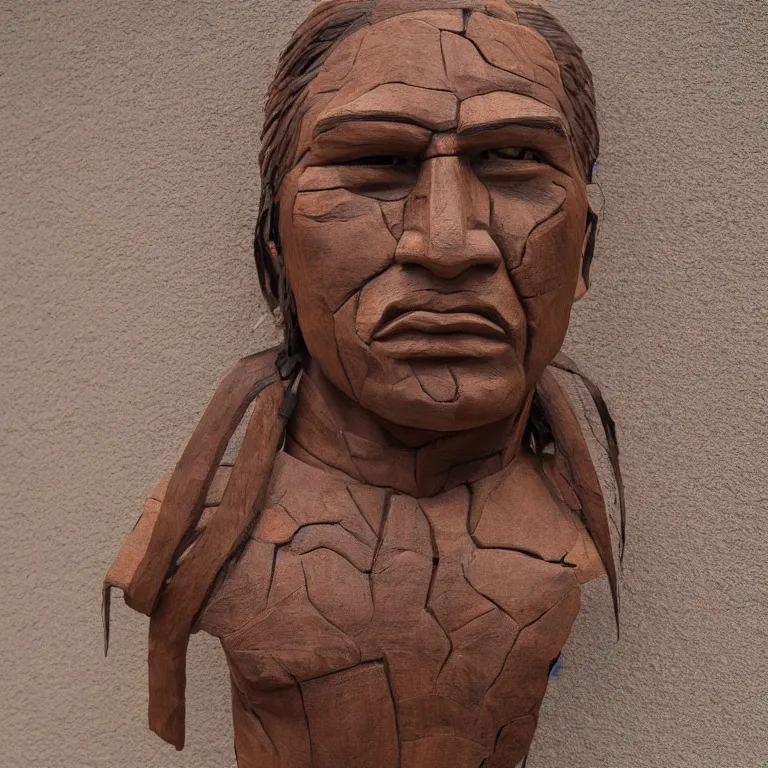 Image similar to public sculpture minimalist bust portrait of a powerful navajo man, beautiful symmetrical face accurate face detailed face realistic proportions, carved out of juniper wood on a pedestal by stephan balkenhol and martin puryear, hyperrealistic dramatic lighting shocking detail trending on artstation 8 k