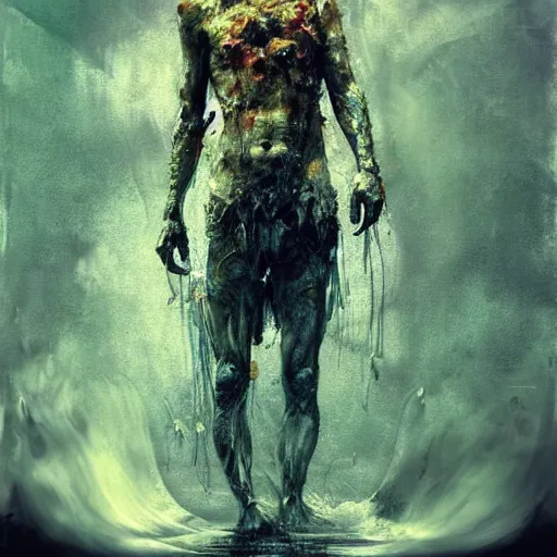 Image similar to mutant fishman sailor old man with gills and scales from the ocean by emil melmoth zdzislaw beksinki craig mullins yoji shinkawa realistic render ominous detailed photo atmospheric by jeremy mann francis bacon and agnes cecile ink drips paint smears digital glitches glitchart