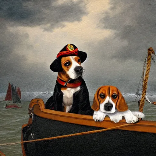 Prompt: a beagle with a captain hat on a sailing boat in a storm,