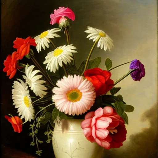 Image similar to a still life of a vase of flowers with a mix of roses daisies and lilies.