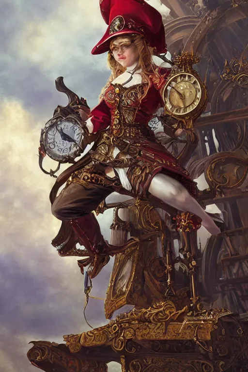 Image similar to digital painting, of a swashbuckling gnome on her clockwork ship , baroque, ornate clothing, realistic, hyperdetailed, chiaroscuro, concept art, art by Franz Hals