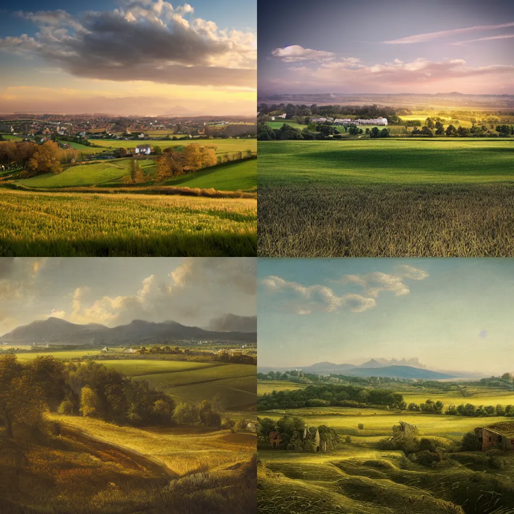 Prompt: Landscape photograph of countryside with a town in the distance. Detailed, realistic.